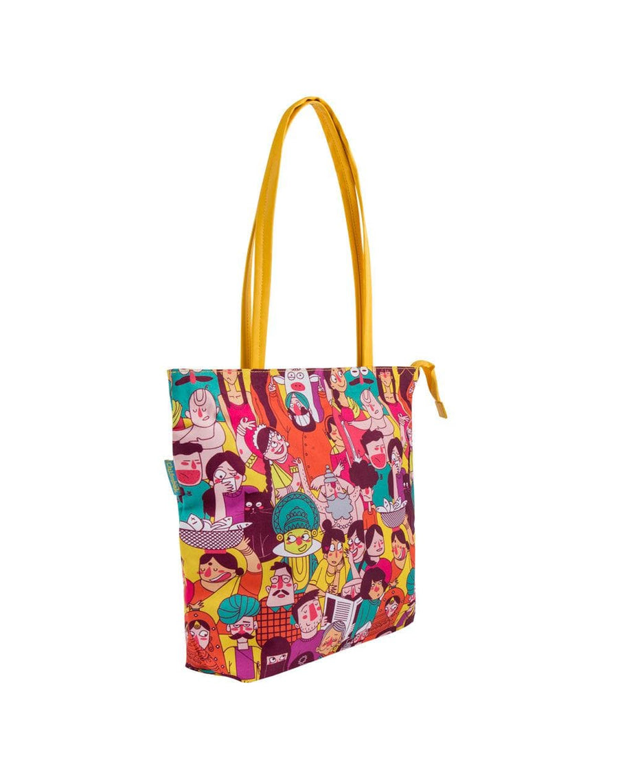 Angled front view showcasing vibrant character print and long yellow handles of tote bag