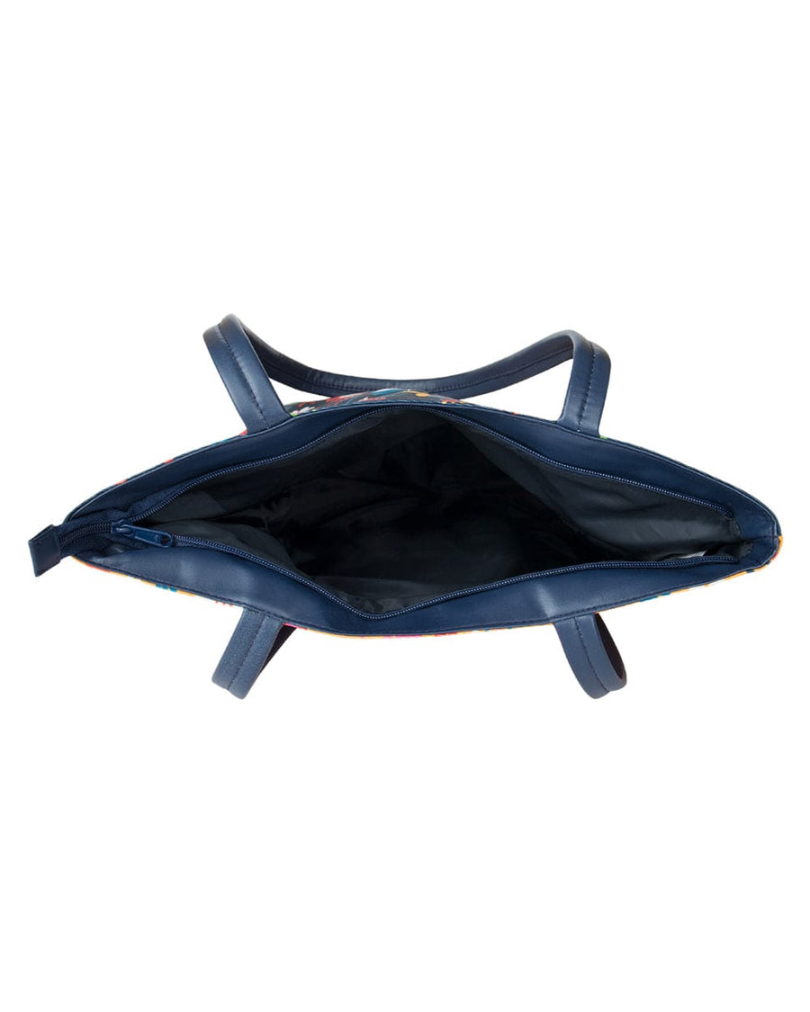 Top-down open view of tote bag interior lined in black with zipper closure
