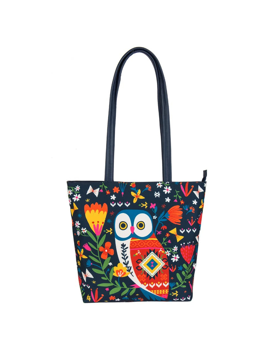 Front view of navy blue tote bag with vibrant owl and floral print and double straps