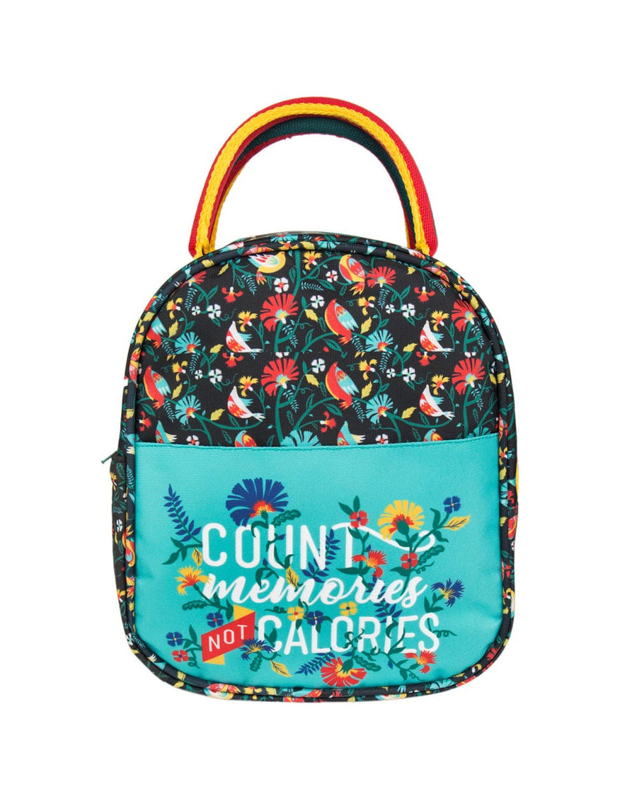 Colorful lunch bag with floral and bird pattern, turquoise front pocket with quote 'Count memories not calories', and multicolored braided handle