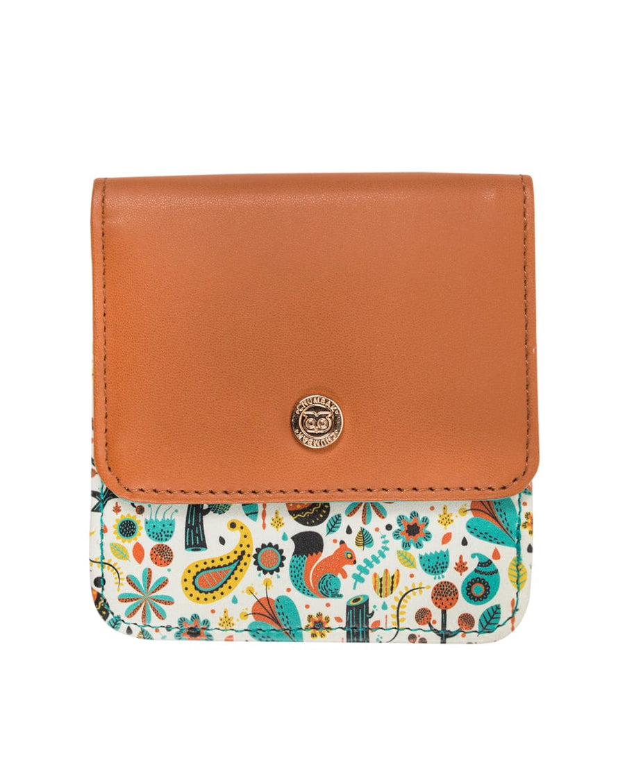 Compact women's wallet with tan PU leather flap and colorful printed floral and animal pattern, featuring a snap button closure.