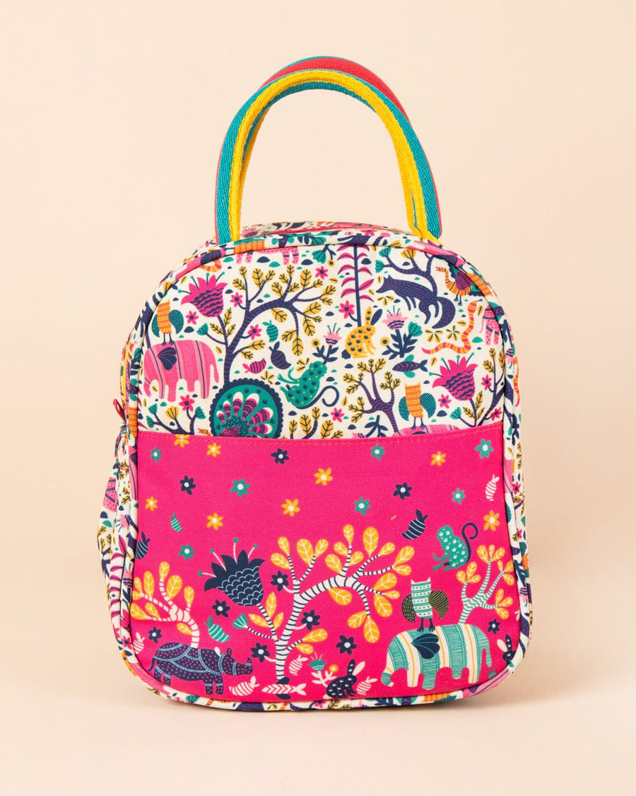 Colorful poly canvas lunch bag with multicolor jungle animal and floral prints, multicolor striped handles, and a front zippered pocket