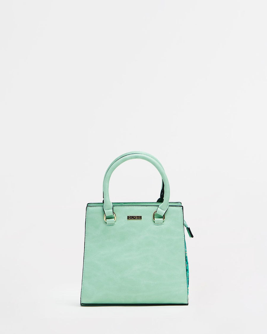 Front-facing mint floral structured handbag with rounded handles and smooth mint green exterior