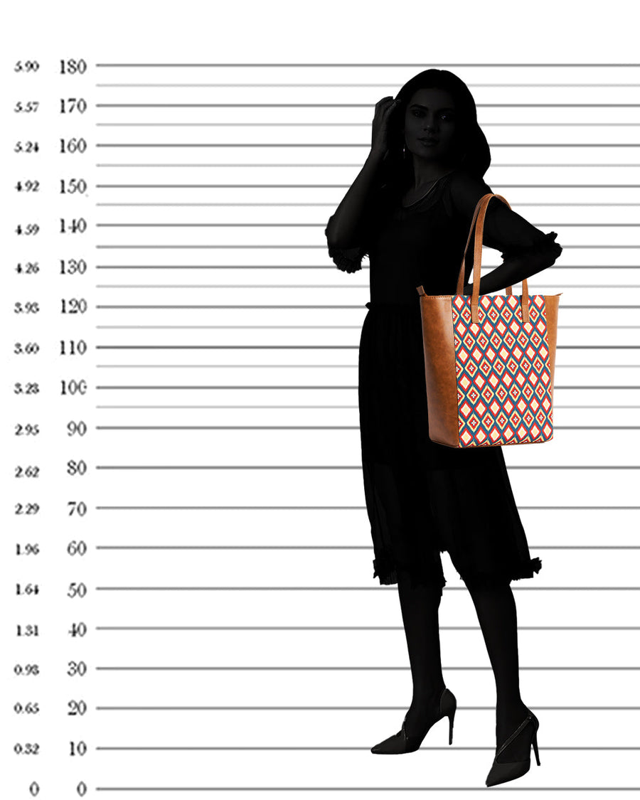 Silhouette of woman holding Teal by Chumbak tote bag on shoulder against height measurement backdrop