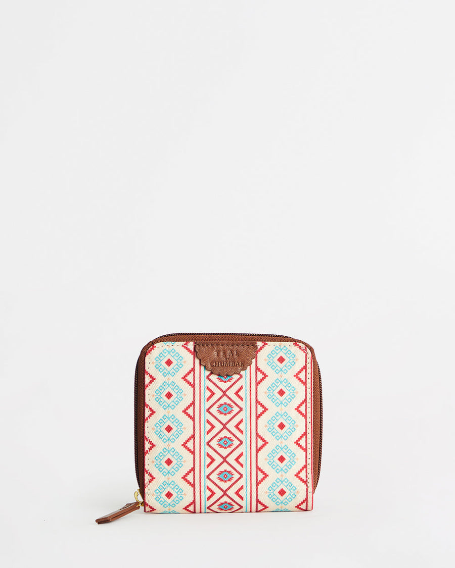 Compact Mercado Aztec Mini Wallet with red and turquoise geometric pattern on cream canvas and brown zipper trim