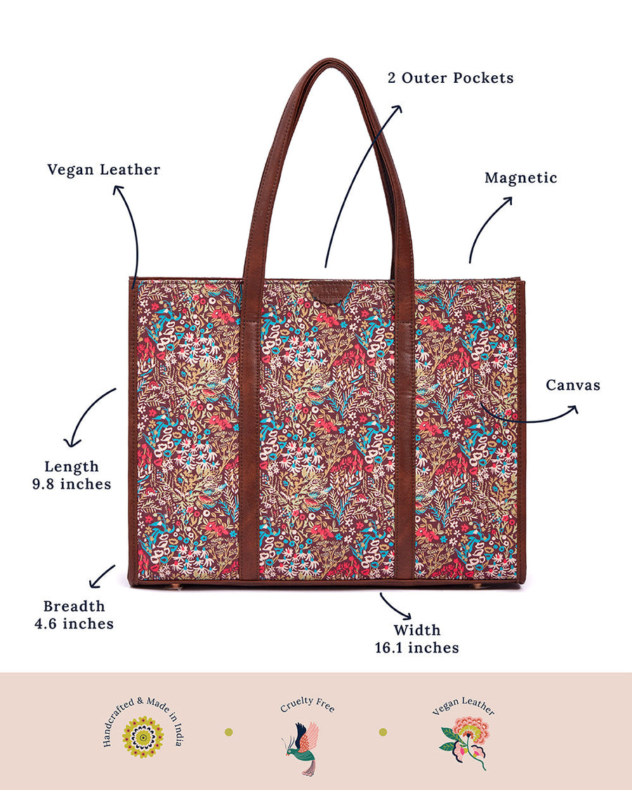 Graphic illustrating the tote bag's handcrafted origin, cruelty-free commitment, and use of vegan leather