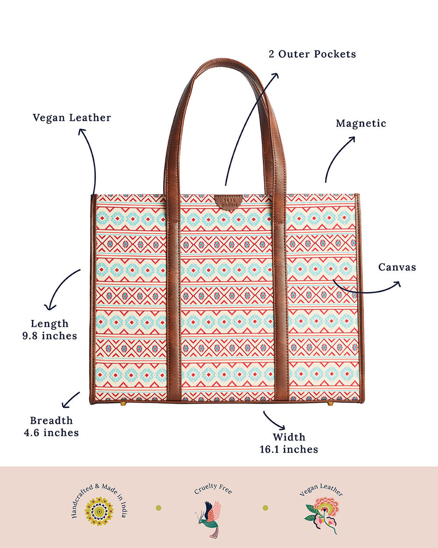 Information diagram of the tote bag highlighting features: vegan leather, two outer pockets, magnetic closure, canvas material, and dimensions