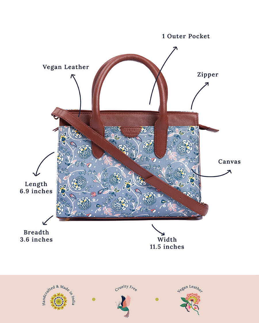 Graphic image highlighting handbag features: vegan leather, outer pocket, zipper, canvas, and exact measurements