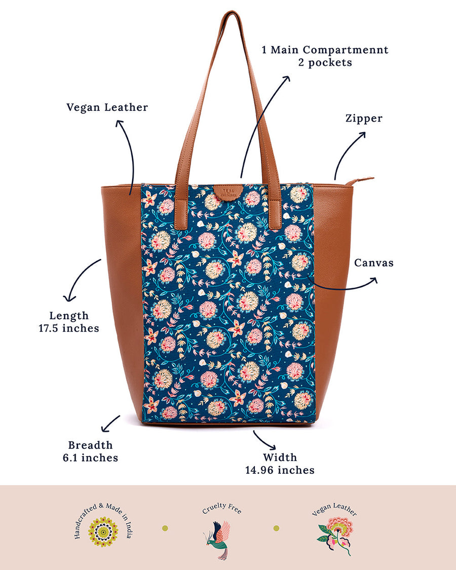 Close-up showing textured floral canvas with branded logo patch on blue floral tote bag