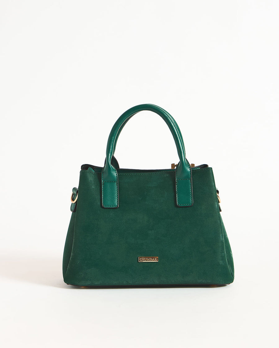 Front view of emerald handbag on white background showcasing textured finish and gold logo plaque