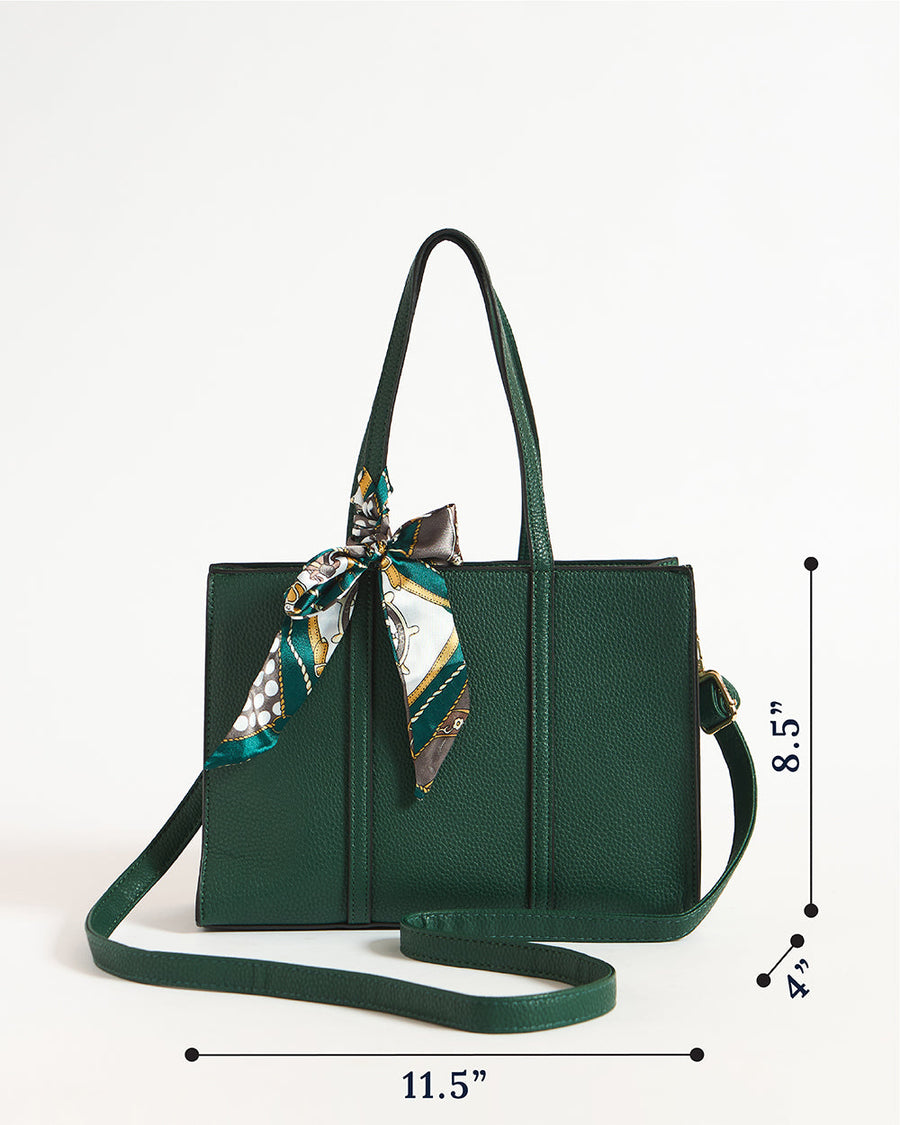 Dimensions of green mini tote bag - 11.5 by 8.5 by 4 inches with adjustable shoulder strap