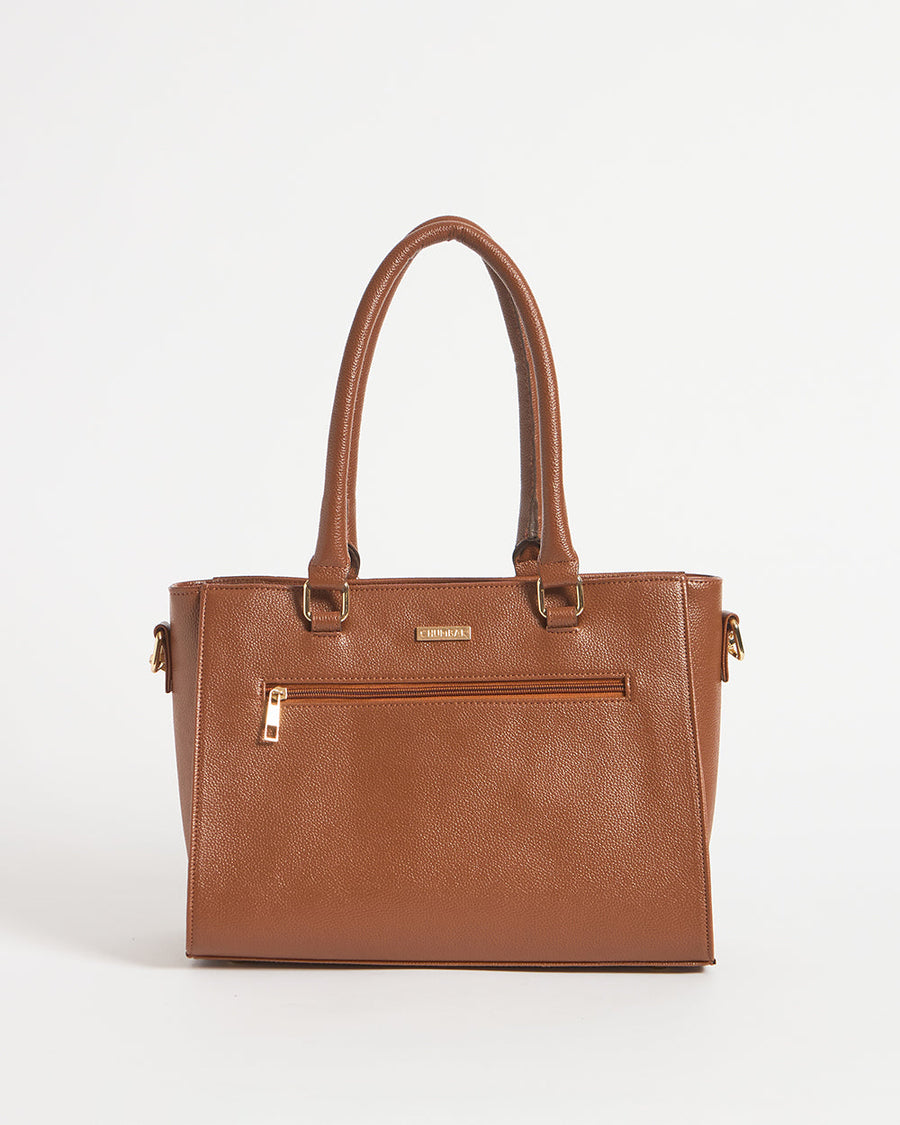 Back view of handbag showing a clean surface with a zippered pocket and gold-tone hardware.
