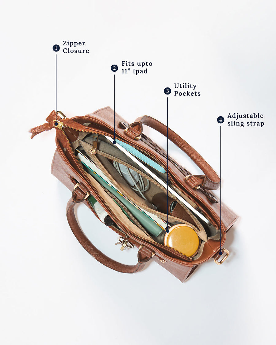 Overhead view of the handbag's interior showing zippered closure, utility pockets, and compartment space with items inside.