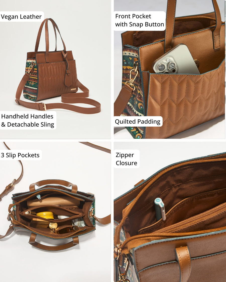 Collage image showing handbag features: vegan leather, handheld handles and detachable sling, front pocket with snap button, quilted padding, multiple inner slip pockets, and zipper closure