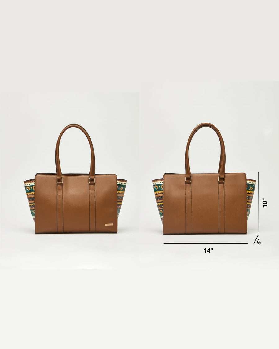 Front and back views of Kenya Tote bag with dimensions 14 x 10 x 5 inches displayed