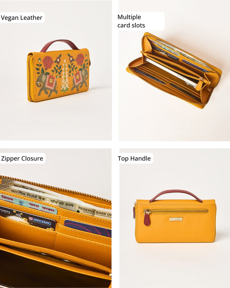 Collage highlighting wallet features: vegan leather material, card slots, zipper closure, and top handle