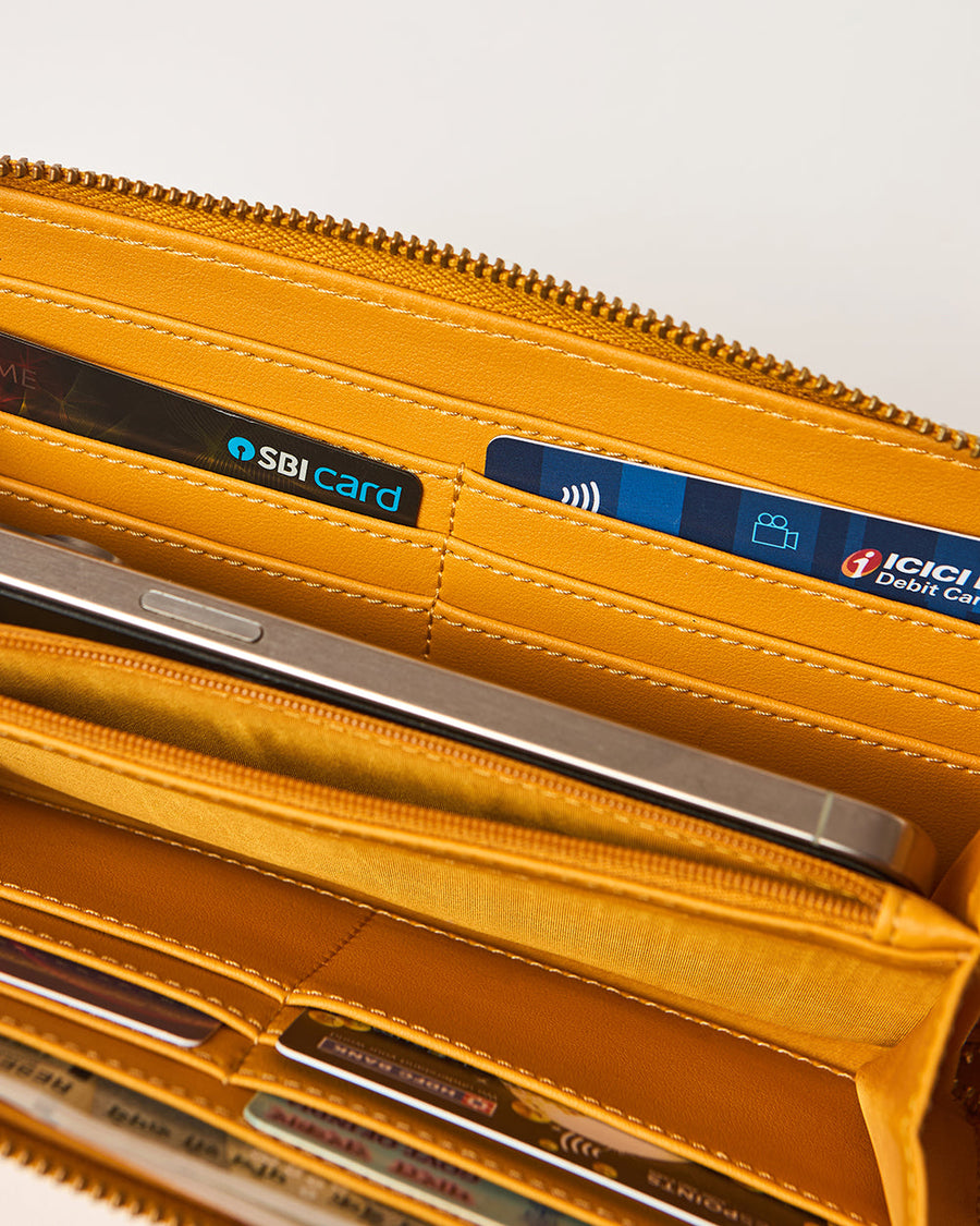 Close-up interior view showing organized card slots with credit cards inside