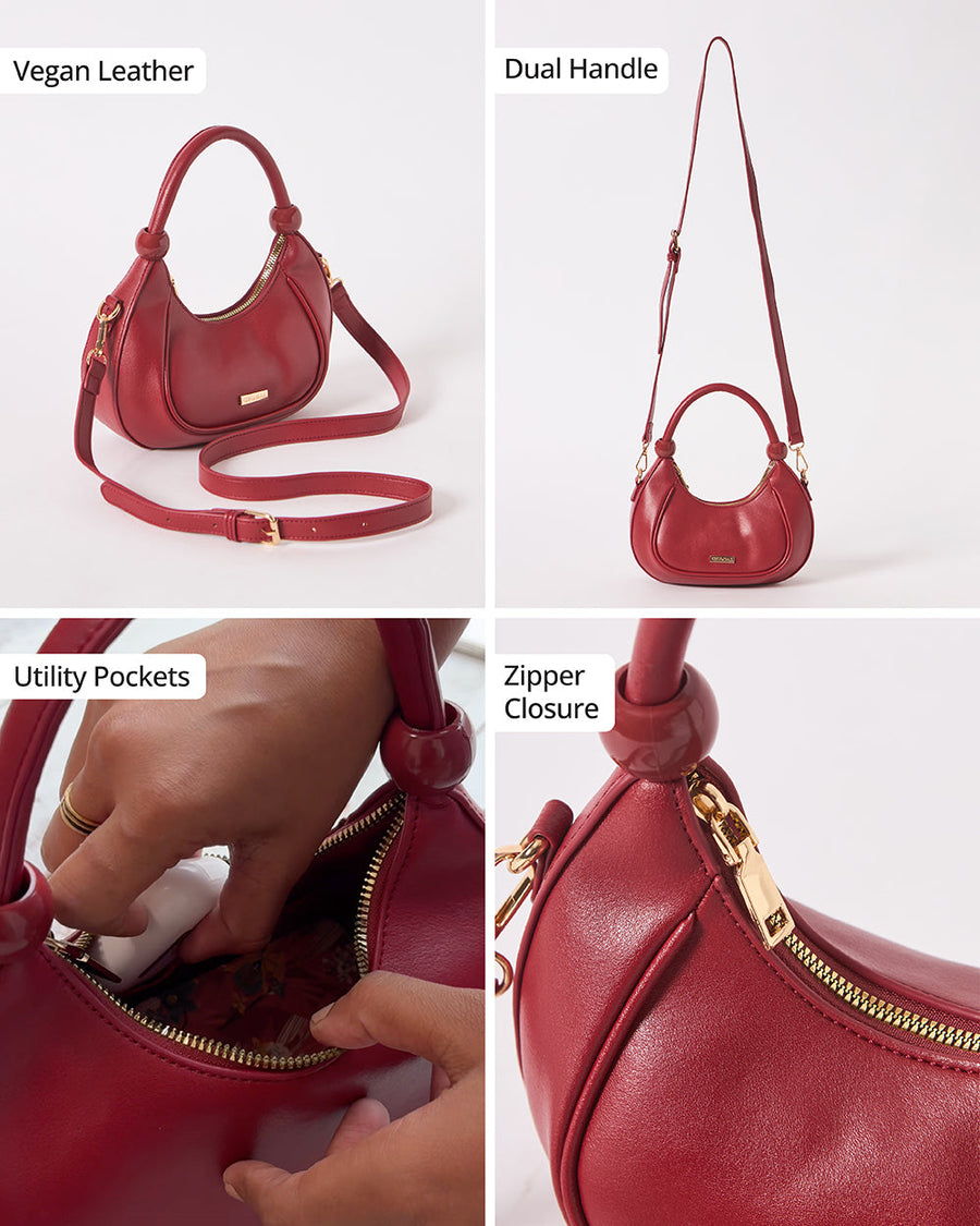 Collage showing features of the maroon vegan leather crescent handbag: zipper closure, utility pockets, dual handle, and overall design.