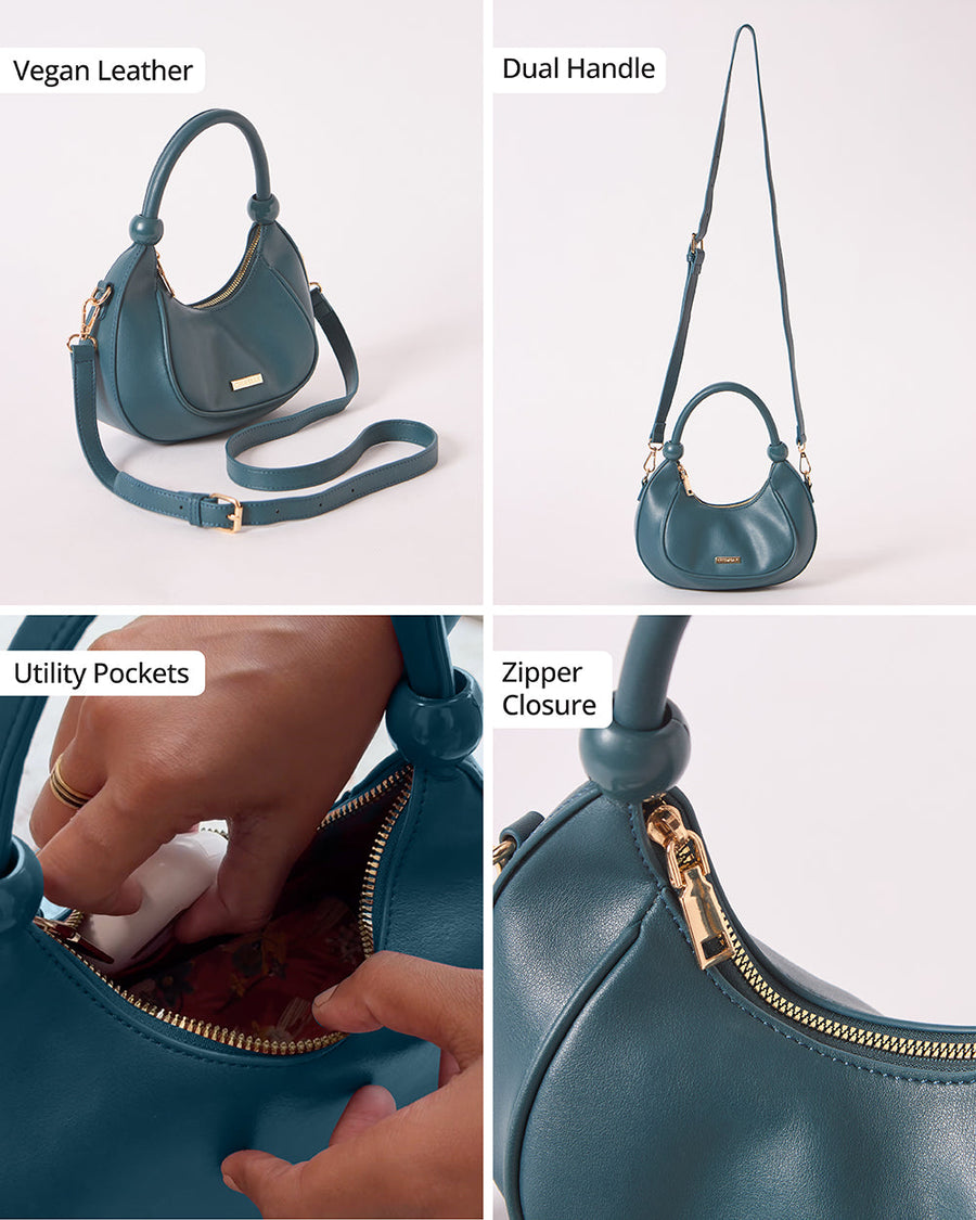 Collage showing vegan leather material, dual handle design, utility pockets, and zipper closure of teal handbag