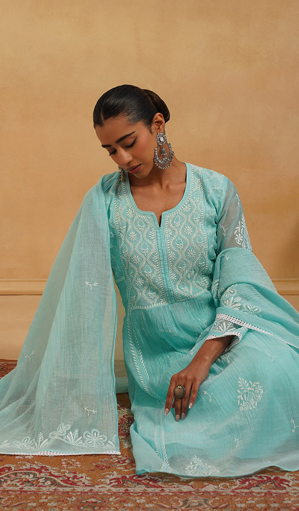 Women's Lakhnavi Handcrafted Mul Chanderi Chikankari Stitched Kurta, Dupatta And Pant Set - HONC0824547 - Pehnaawaa