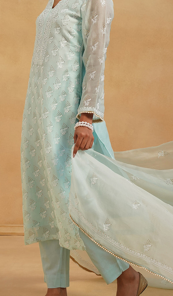 Women's Lucknowi Handcrafted Pure Organza Silk Stitched Chikankari Kurta, Dupatta With Pant Set