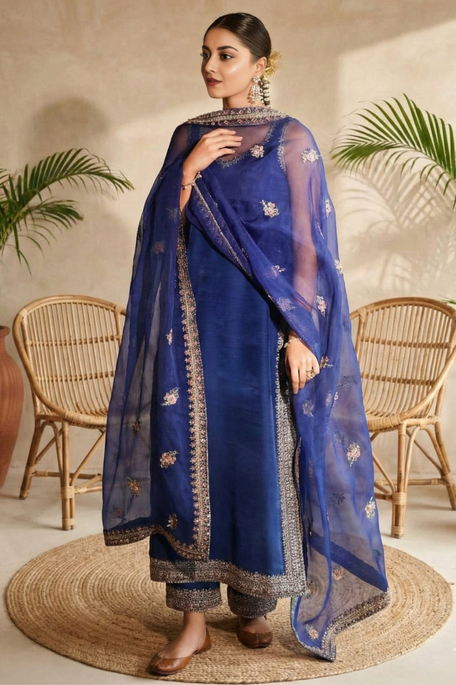 Front view of woman in Neelofar blue kameez with embroidered design and matching pants
