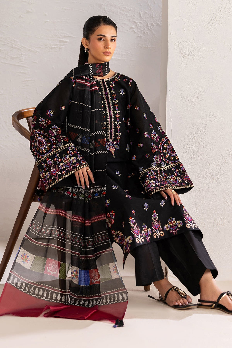 Black Multicolour Embroidered Lawn Suit with Silk Dupatta