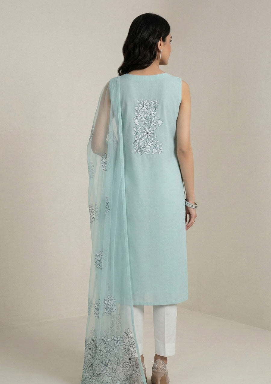 Sea Green Chikankari & Mukesh Work Net Suit with Dupatta