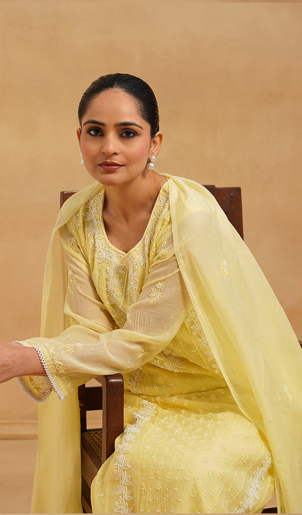 Saziya Women's Lakhnavi Handcrafted Mul Chanderi Chikankari Stitched Kurta, Dupatta And Pant Set