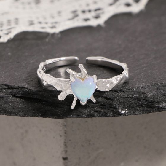 Gift Love Natural Opal Heart 925 Sterling Silver Adjustable Ring