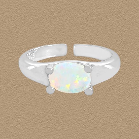 Women Simple Oval Natural Opal 925 Sterling Silver Adjustable Ring