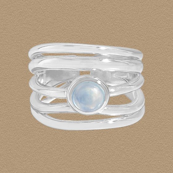 Multi Layers Rond Natural Aquamarine 925 Sterling Silver Adjustable Ring