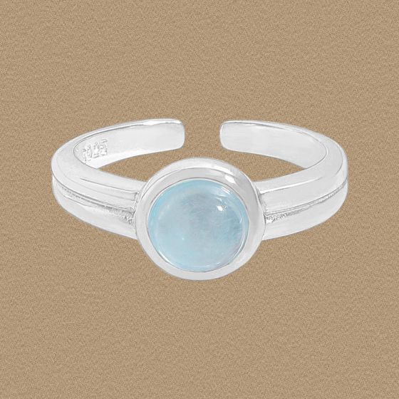 Simple Rond Natural Aquamarine 925 Sterling Silver Adjustable Ring