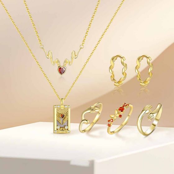 Elegant Tarot Card Red CZ Heart Twisted 925 Sterling Silver Necklace Earrings Adjustable Ring Set