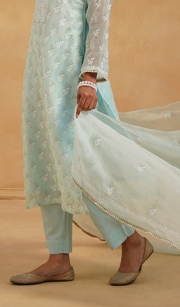 Women's Lucknowi Handcrafted Pure Organza Silk Stitched Chikankari Kurta, Dupatta With Pant Set