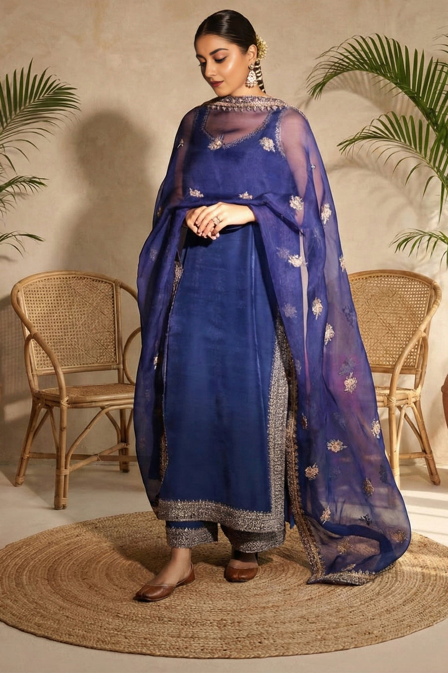 Close-up of woman wearing earrings and Neelofar embroidered deep blue suit