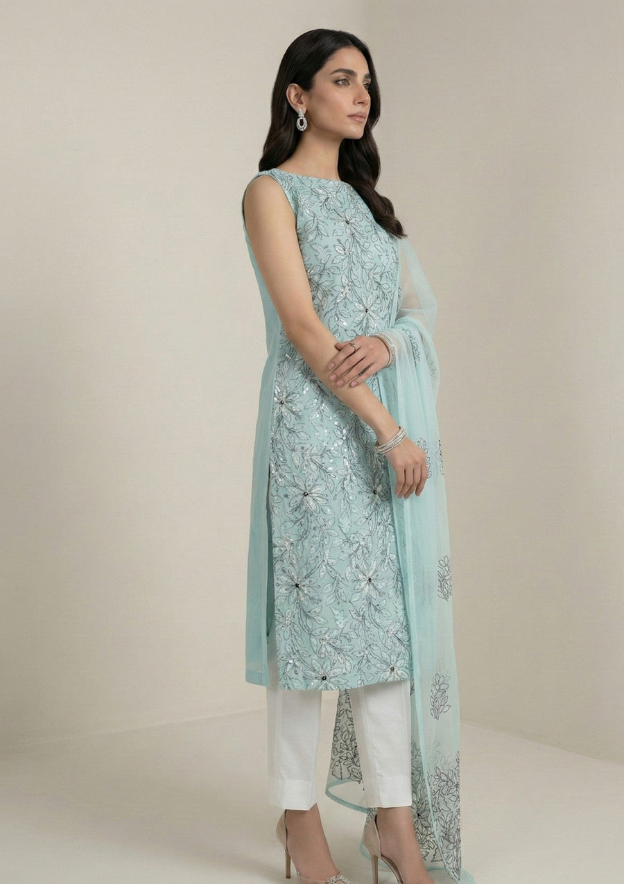 Sea Green Chikankari & Mukesh Work Net Suit with Dupatta