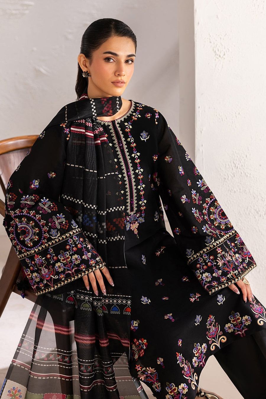 Black Multicolour Embroidered Lawn Suit with Silk Dupatta