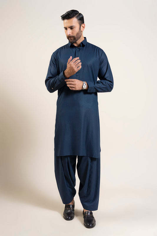 Midnight Navy Silk 2-Piece Kurta Set | Collar Button Front