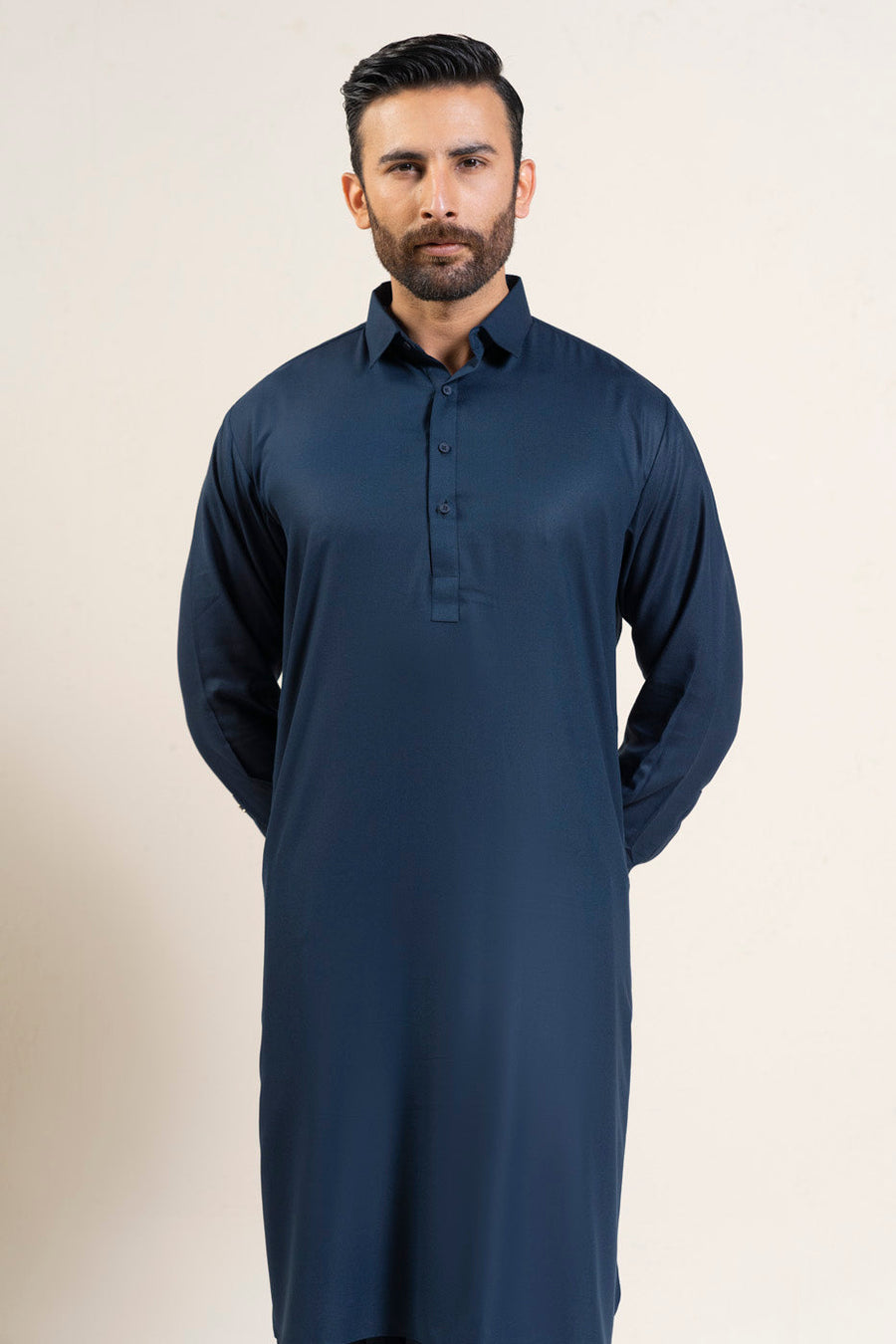 Midnight Navy Silk 2-Piece Kurta Set | Collar Button Front