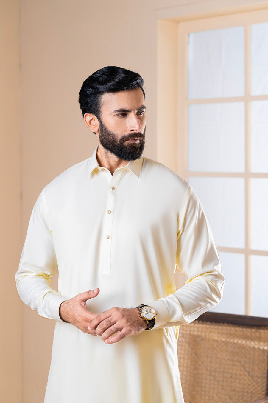 Ivory Crepe 2-Piece Kurta Set | Band Collar