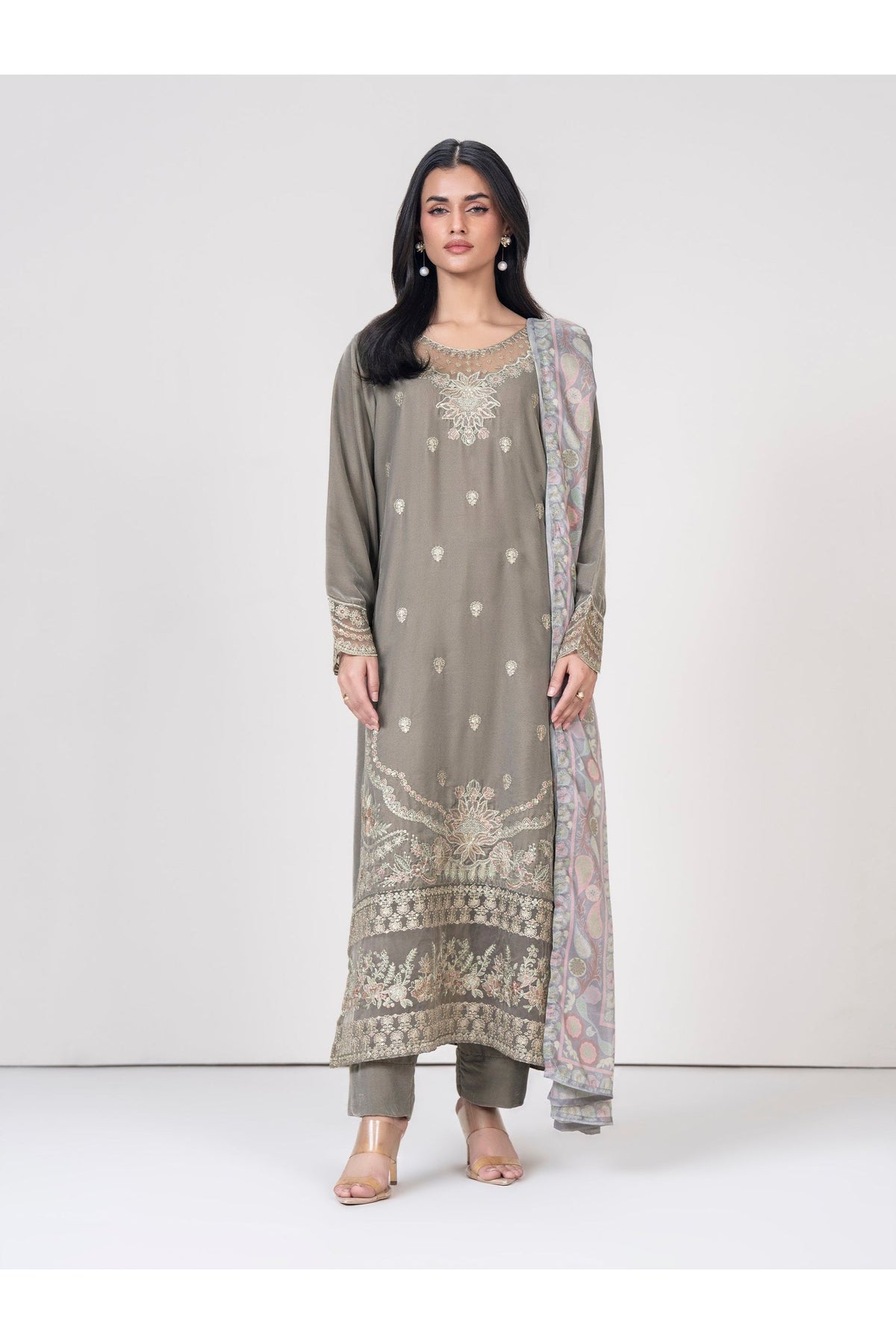 Sage Velvet 3-Piece Suit | Tilla Embroidered Organza Patch