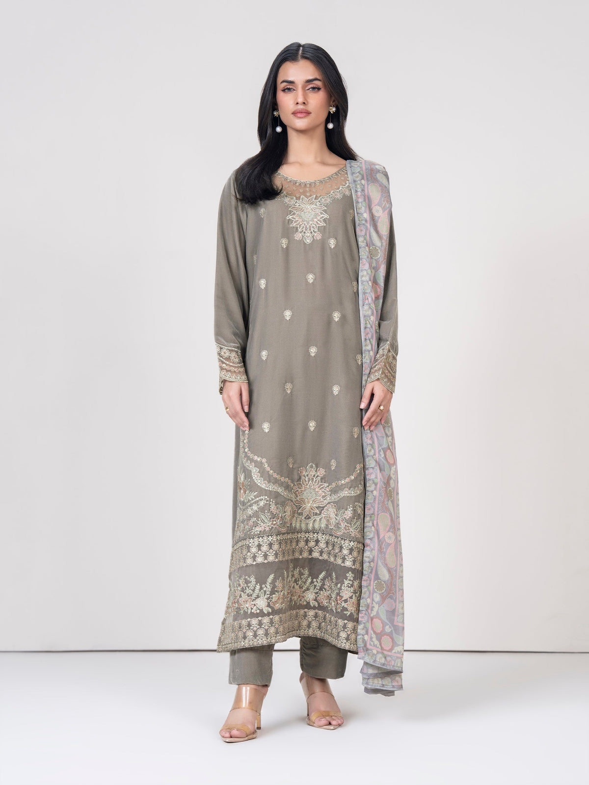 3 Piece Velvet Suit- Embroidered (Pret)
