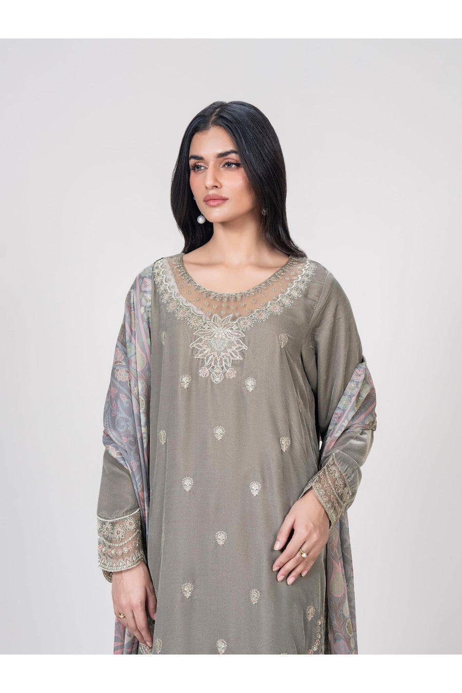 Sage Velvet 3-Piece Suit | Tilla Embroidered Organza Patch - Pehnaawaa