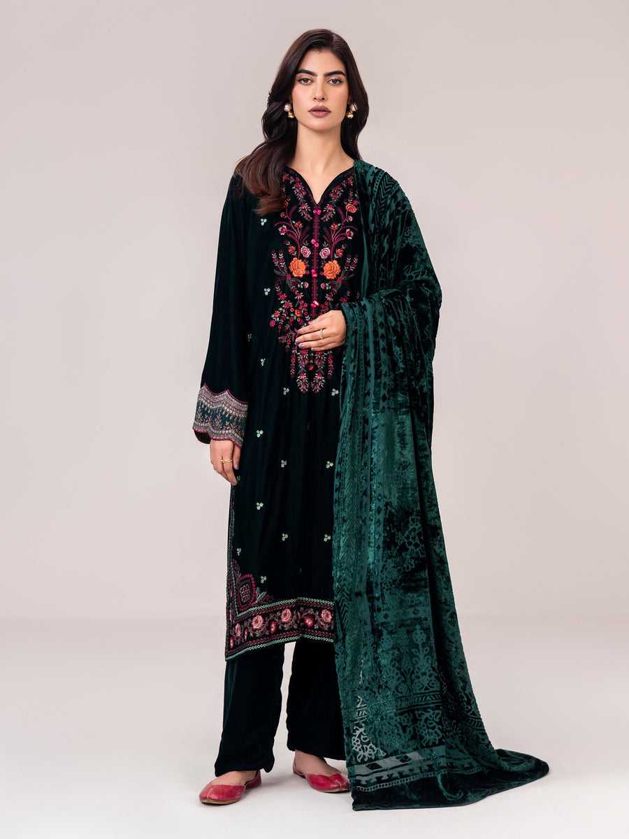3 Piece Velvet Suit- Embroidered (Pret) - Pehnaawaa