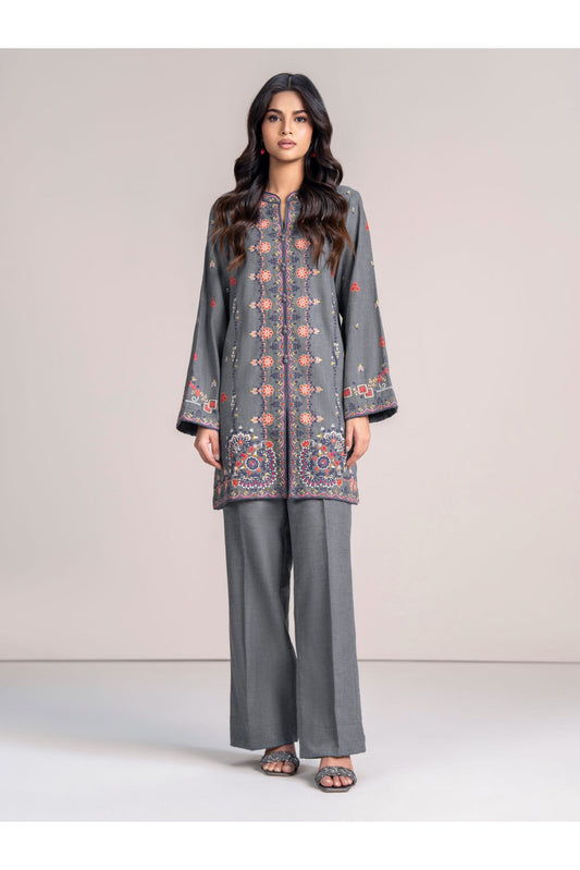 Slate Grey Linen 2-Piece Suit | Resham Embroidery