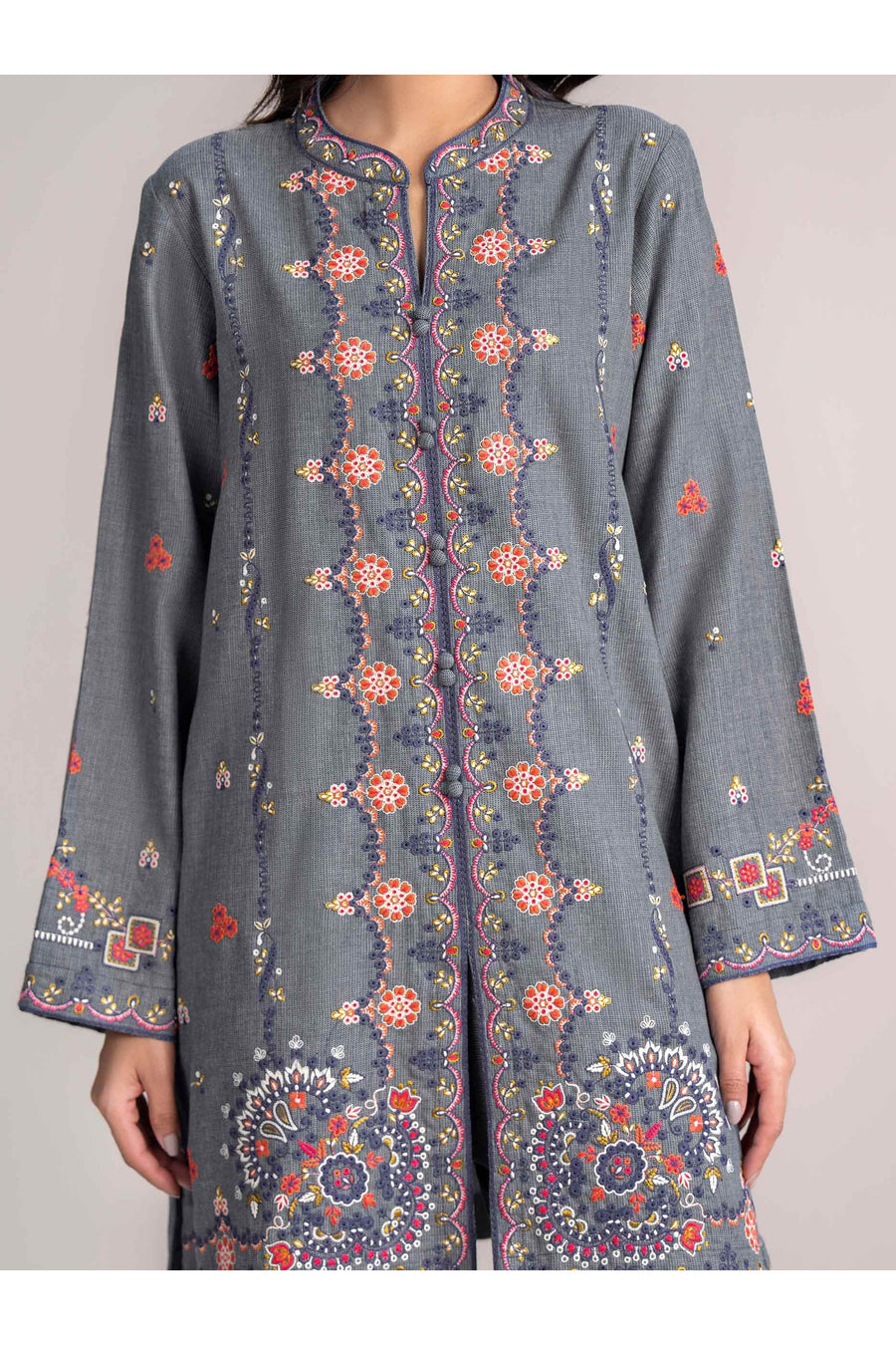 Slate Grey Linen 2-Piece Suit | Resham Embroidery