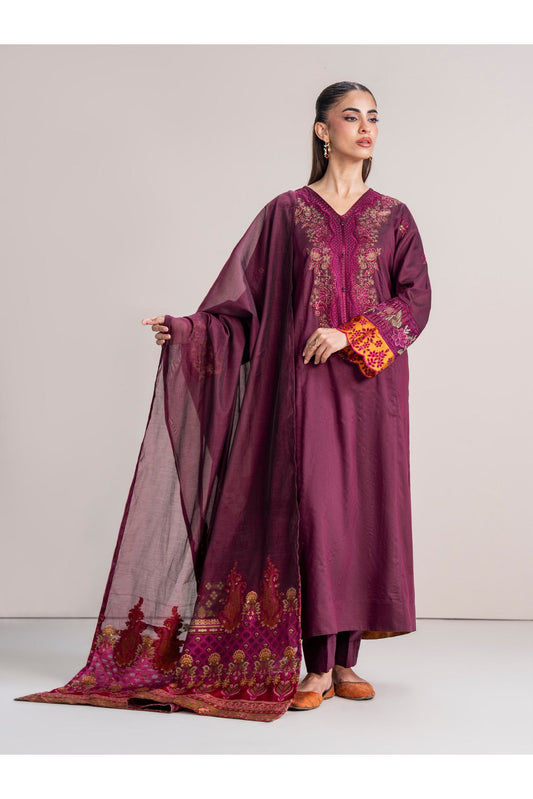 Burgundy Raw Silk 3-Piece Salwar Kameez | Zardosi V-Neck
