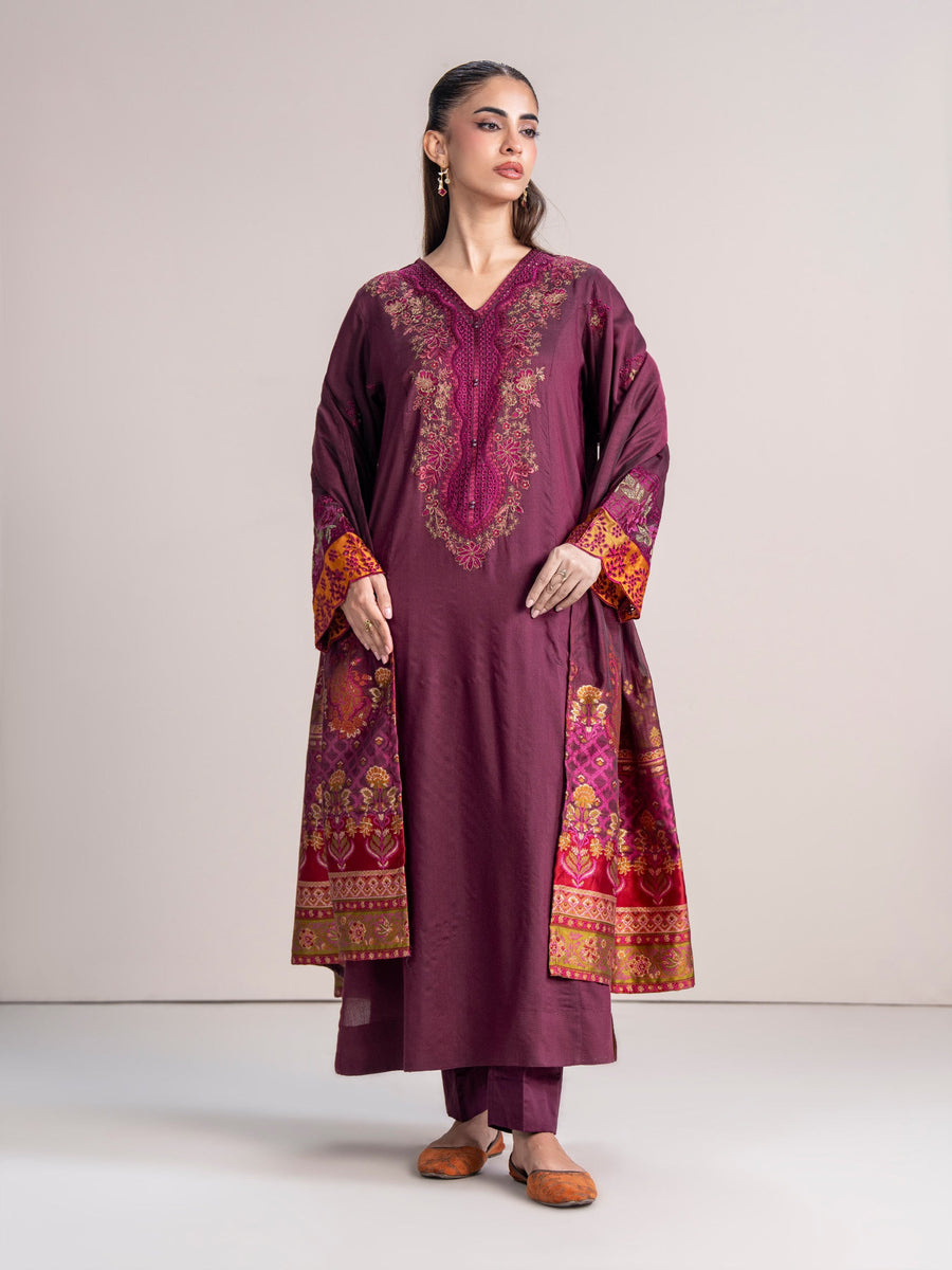 3 Piece Raw Silk Suit- Embroidered (Pret) - Pehnaawaa