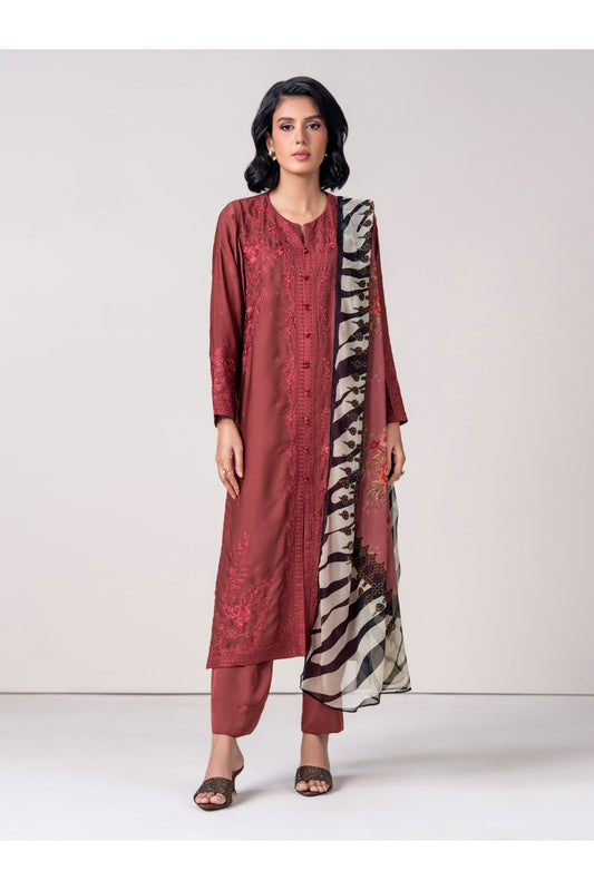 Burgundy Silk 3-Piece Suit | Resham Embroidered Kameez